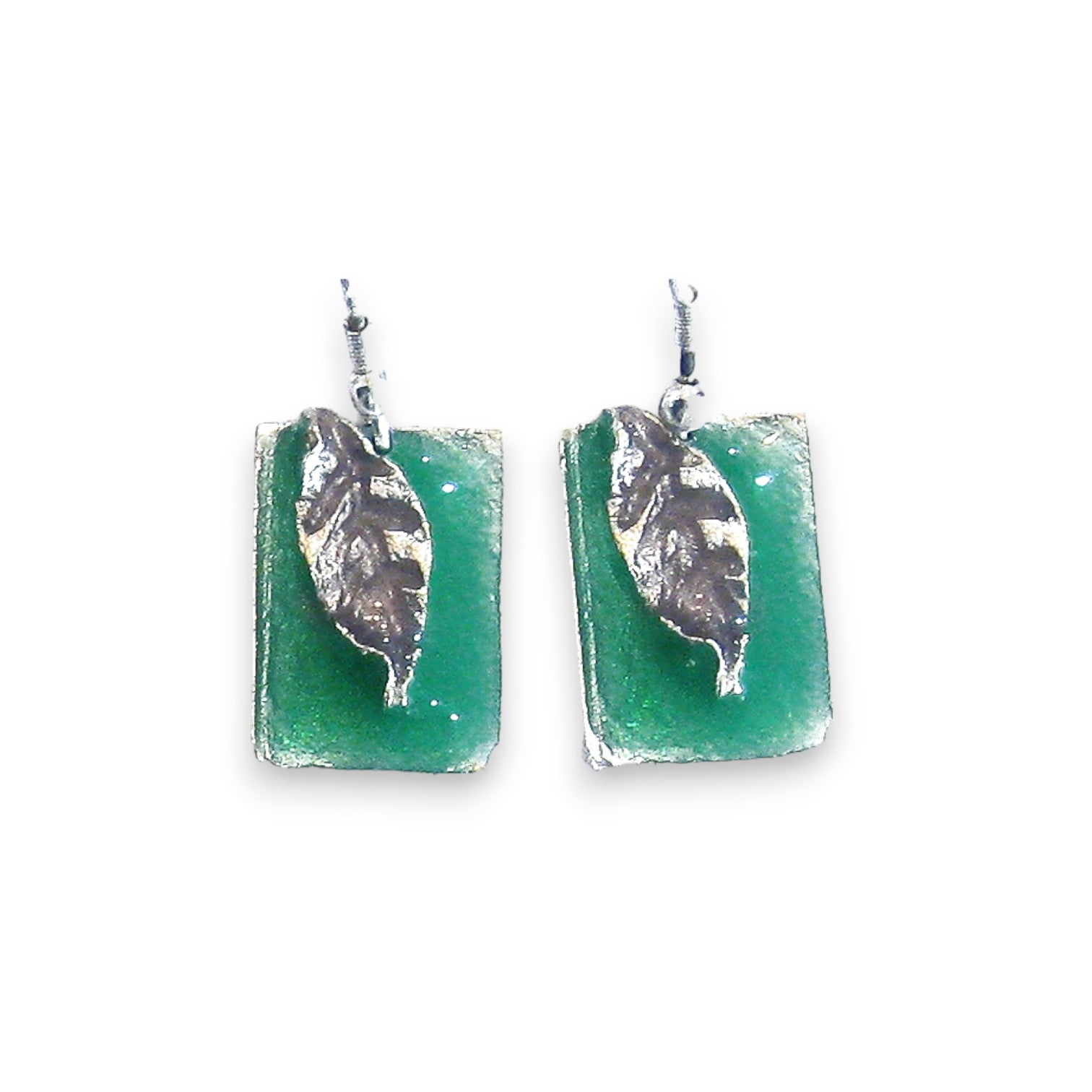 Pewter Earrings - Green Enamel with Leaf - Mellow Monkey