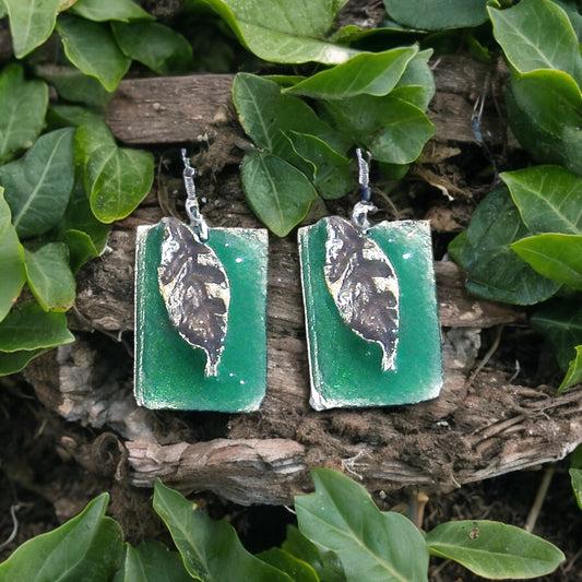 Pewter Earrings - Green Enamel with Leaf - Mellow Monkey