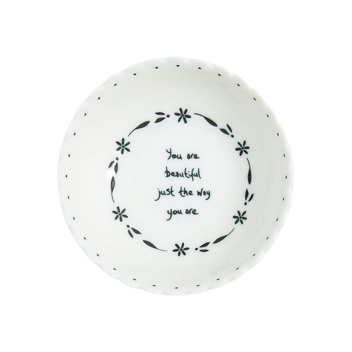 Mellow Monkey set of four white porcelain bowls with scalloped edges and black inspirational quotes and floral motifs