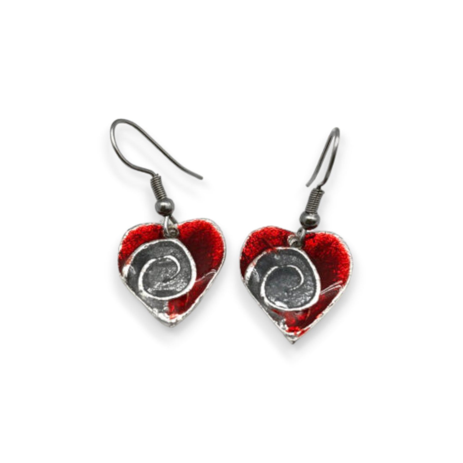 Pewter Earrings - Red Heart With Silver Swirl - Mellow Monkey