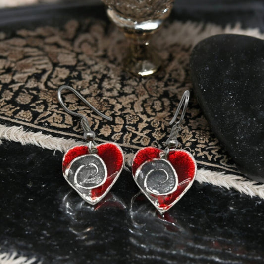 Pewter Earrings - Red Heart With Silver Swirl - Mellow Monkey