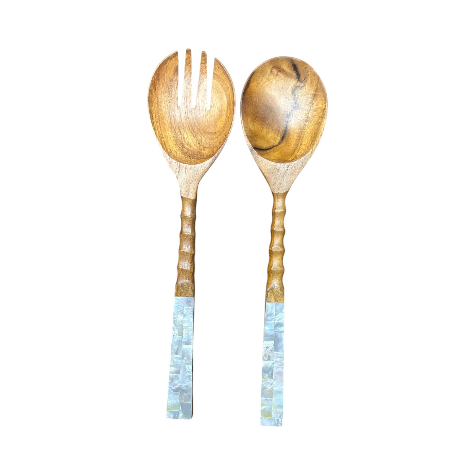 Teak Wood Salad Server with Mother of Pearl Inlay Handles - Set Of Two - Mellow Monkey