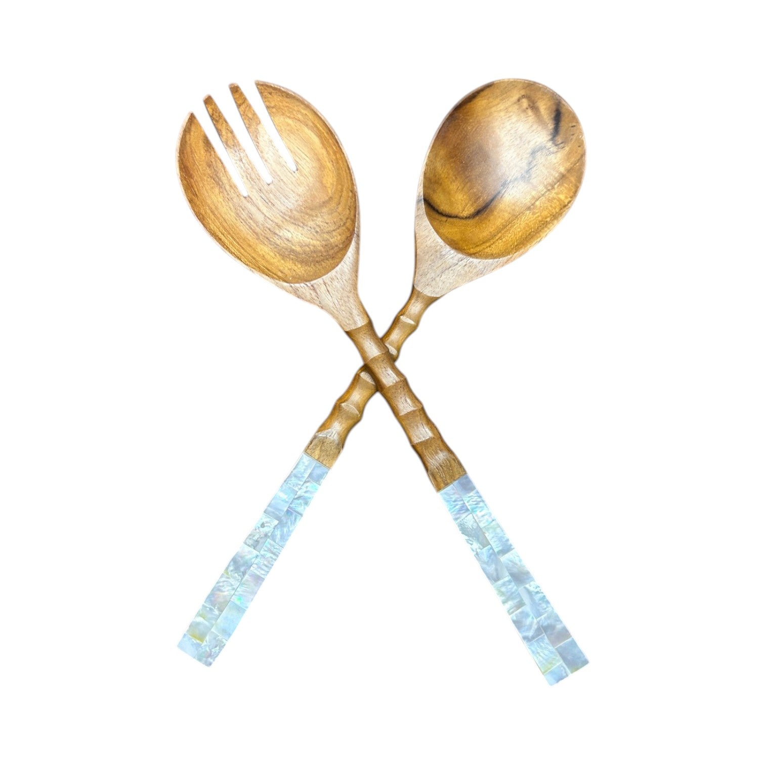 Teak Wood Salad Server with Mother of Pearl Inlay Handles - Set Of Two - Mellow Monkey
