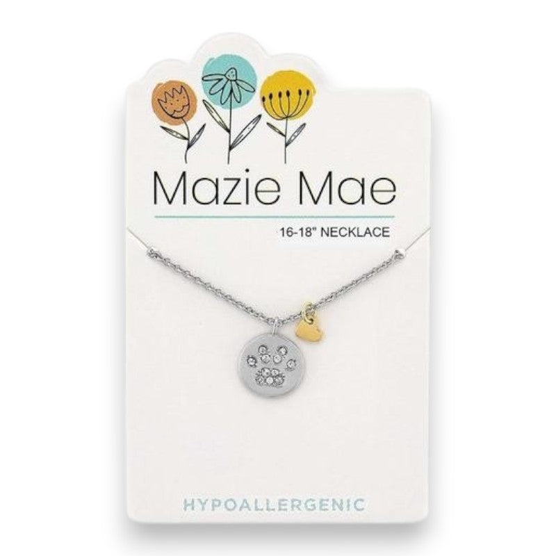 Silver Paw Print Pendant and Gold Heart Dangle- Mazie Mae - Necklace - Mellow Monkey