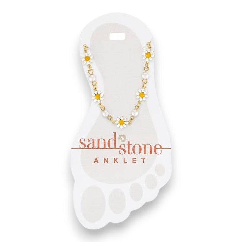 Daisies and Pearls - Single Strand - Sand and Stone - Anklet - Mellow Monkey
