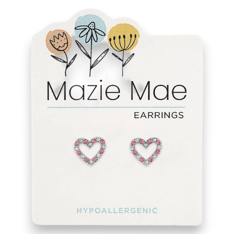 Silver Cubic Zirconia and Light Rose Open Heart - Mazie Mae - Silver Earrings - Mellow Monkey