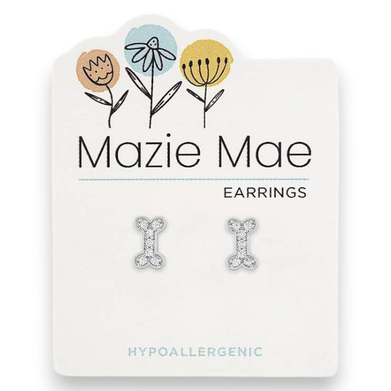 Silver Cubic Zirconia Dog Bone - Mazie Mae - Silver Earrings - Mellow Monkey