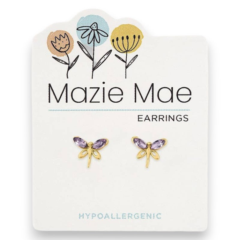Gold Violet Dragonfly - Mazie Mae - Gold Earrings - Mellow Monkey