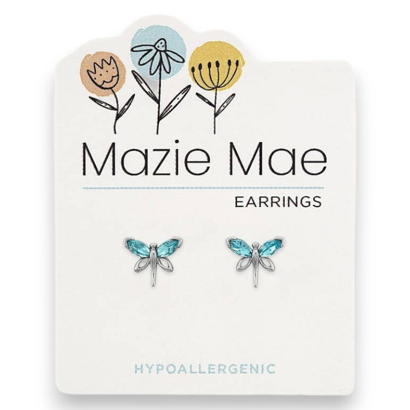 Silver Aquamarine Dragonfly - Mazie Mae - Silver Earrings - Mellow Monkey