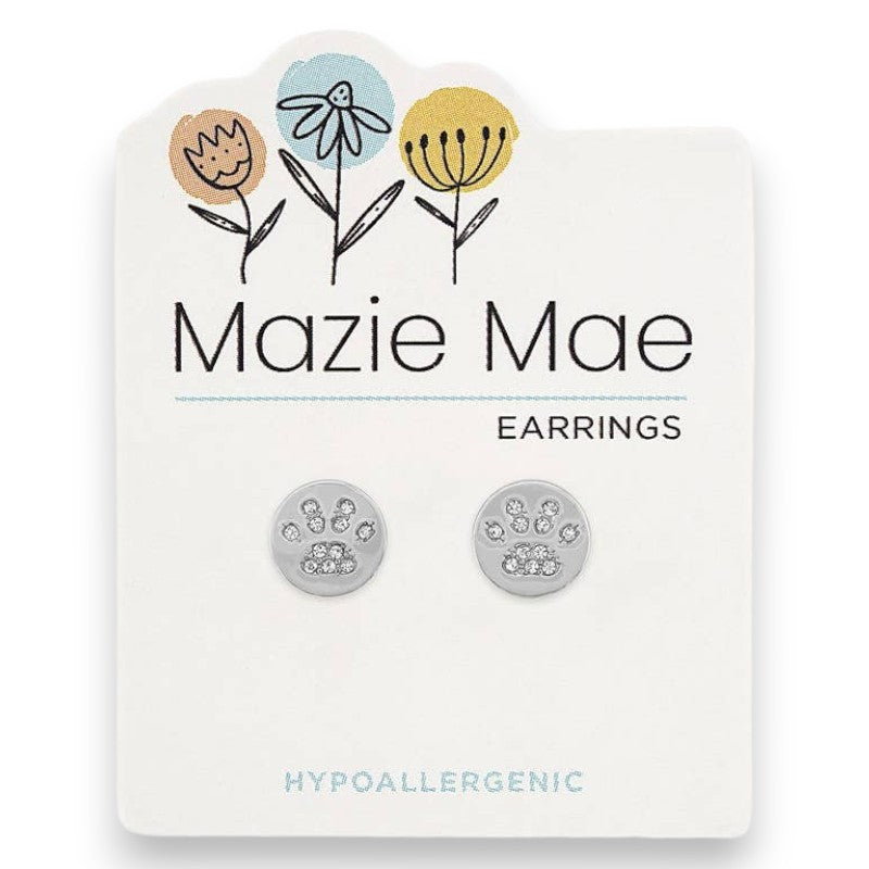Silver Cubic Zirconia Paw Print - Mazie Mae - Silver Earrings - Mellow Monkey