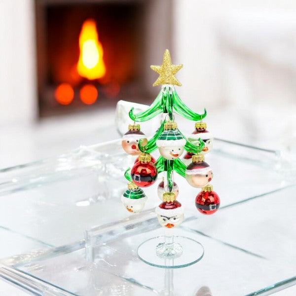 Green Glass Tree with Christmas Character Ornaments - 8-in - Mellow Monkey