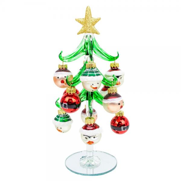 Green Glass Tree with Christmas Character Ornaments - 8-in - Mellow Monkey