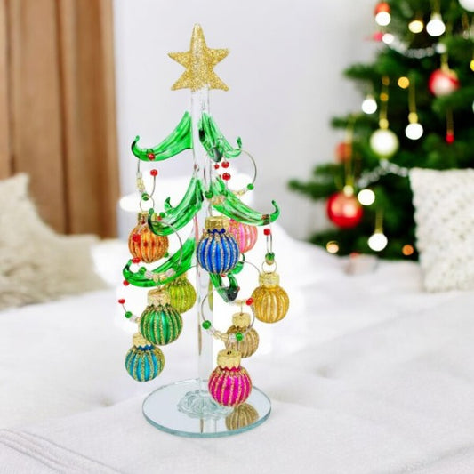 Green Glass Tree with Pastel Ornament Wine Charms - 8-in - Mellow Monkey