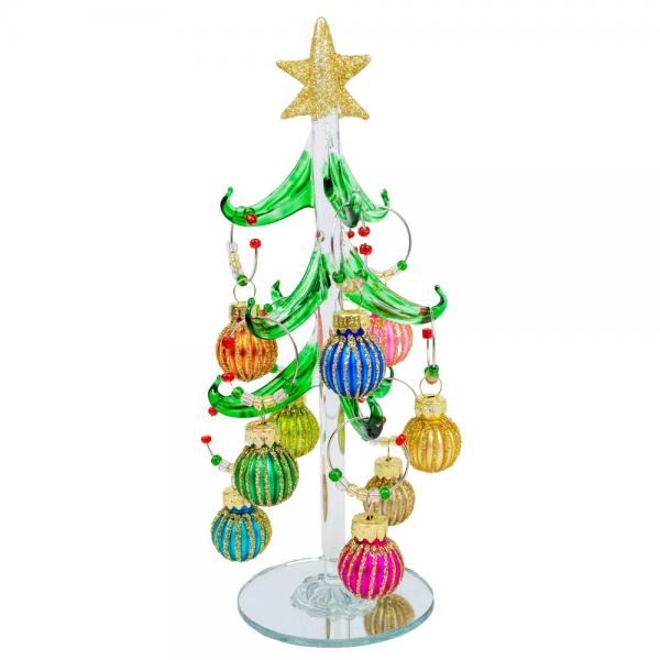 Green Glass Tree with Pastel Ornament Wine Charms - 8-in - Mellow Monkey