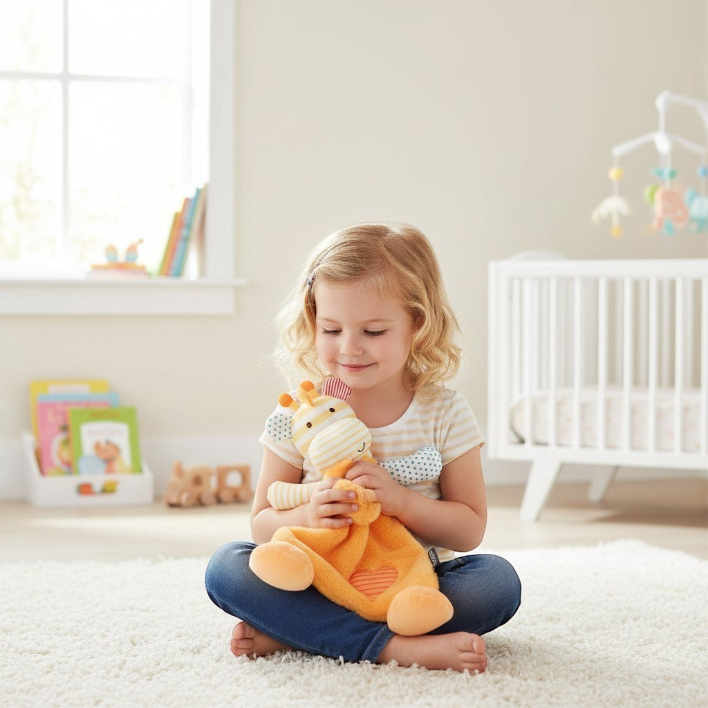 Mellow Monkey orange plush giraffe rattle blankie with striped body and heart detail. Soft, 15-in security blanket for babies.