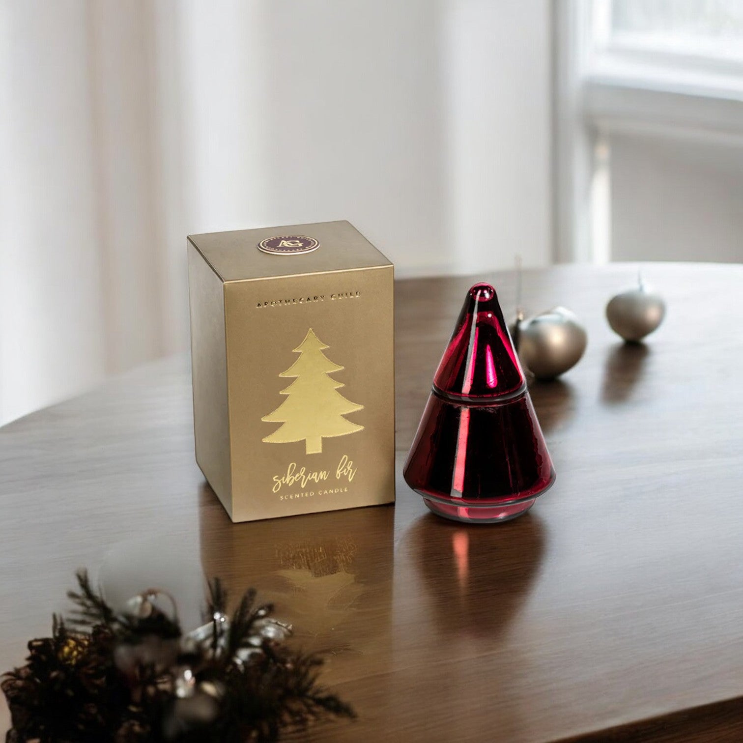 Siberian Fir Tree Candle Jar in Gift Box - Burgundy - Mellow Monkey