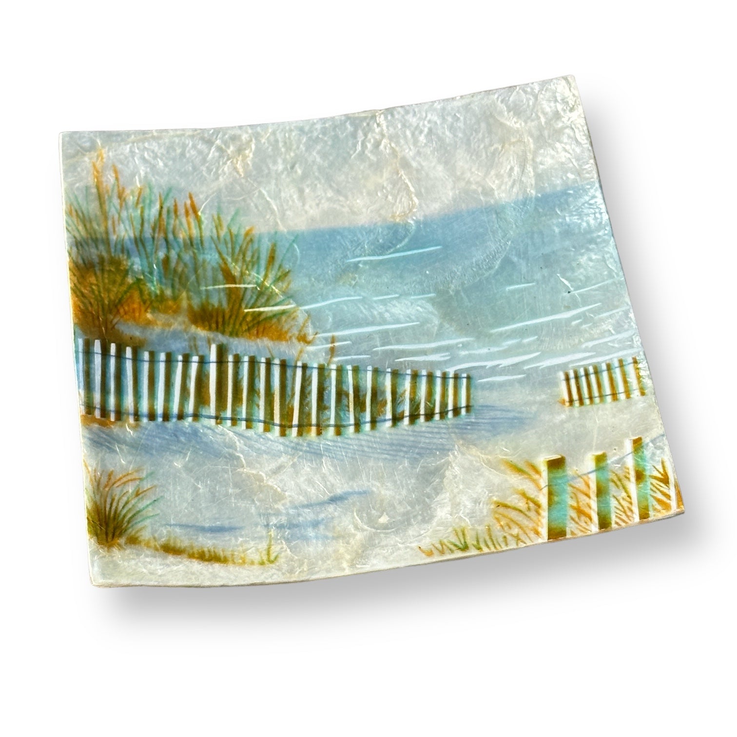 Beach Dune with Fence Painted Capiz Dish - 5-in Square - Mellow Monkey