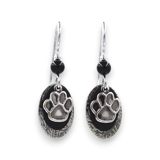 Silver Forest Silver and Black Paw Print Earrings NE-0360A - Mellow Monkey