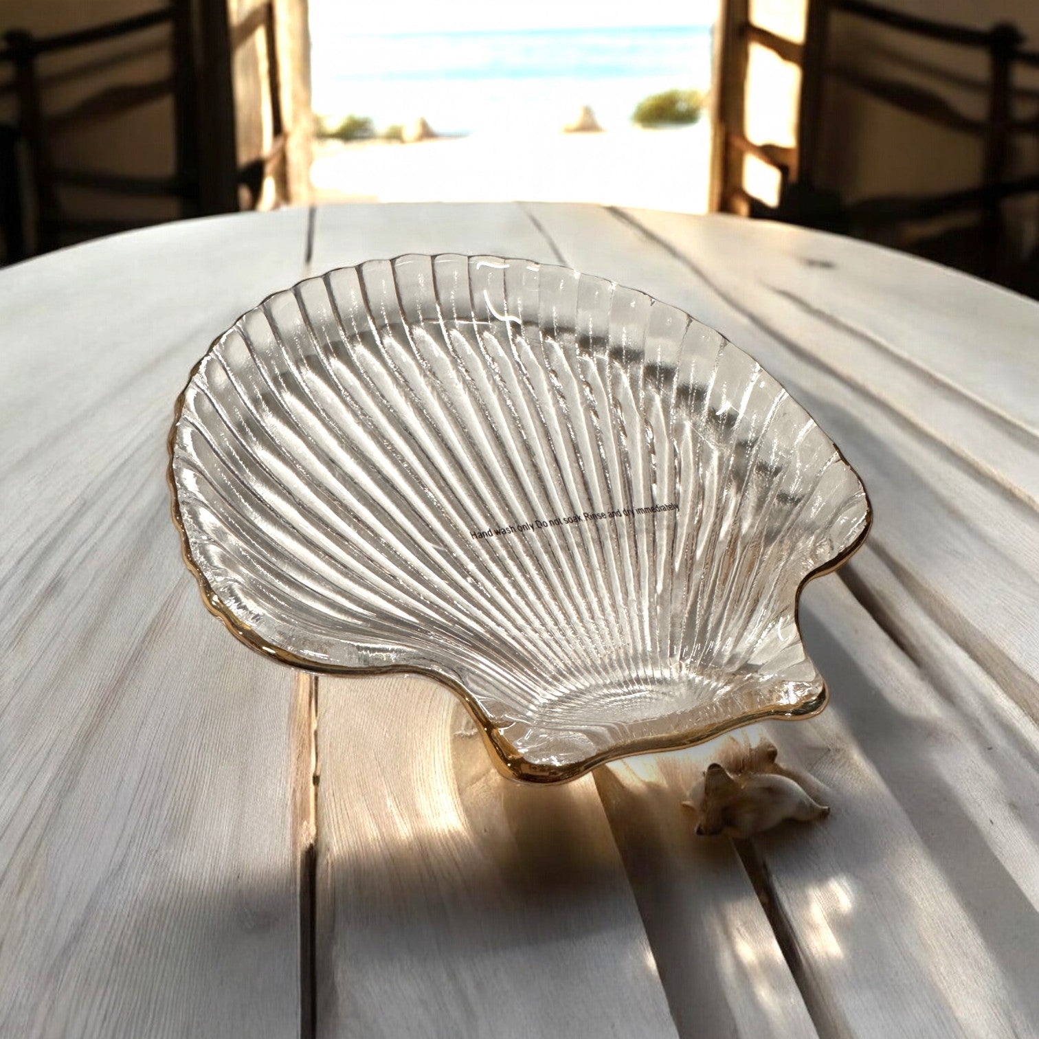 Fan Shell Textured Glass Figural Tidbit Plate With Hand Painted Gold R ...