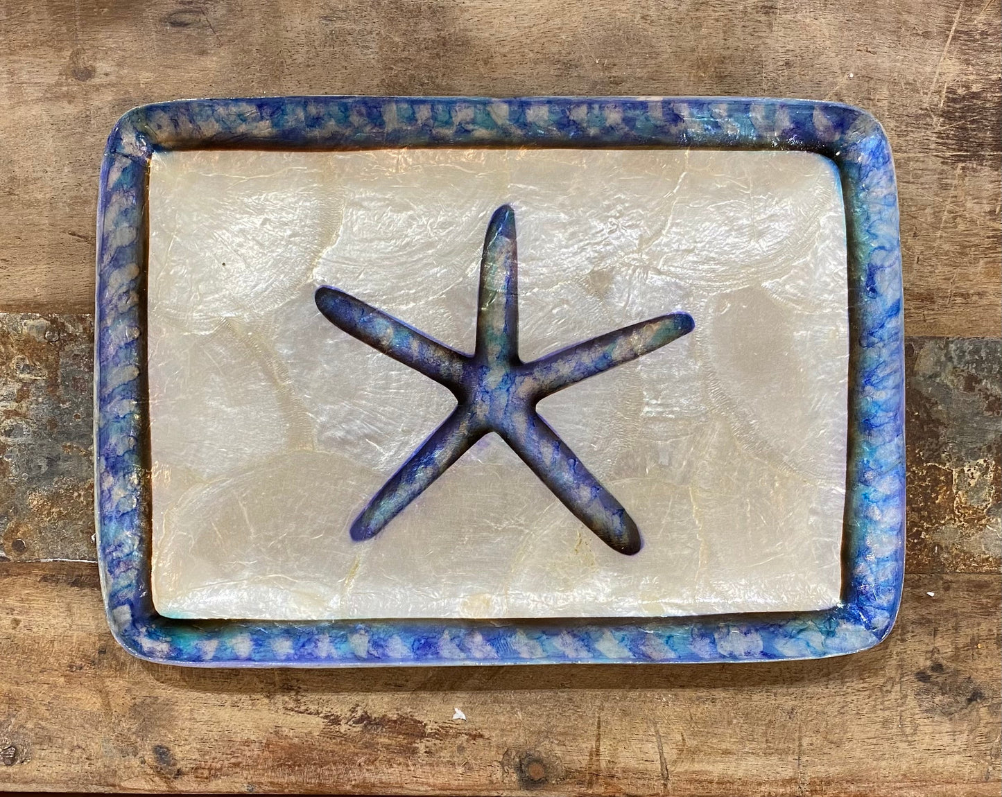 Starfish Capiz Tray - Blue and White - 8-in - Mellow Monkey