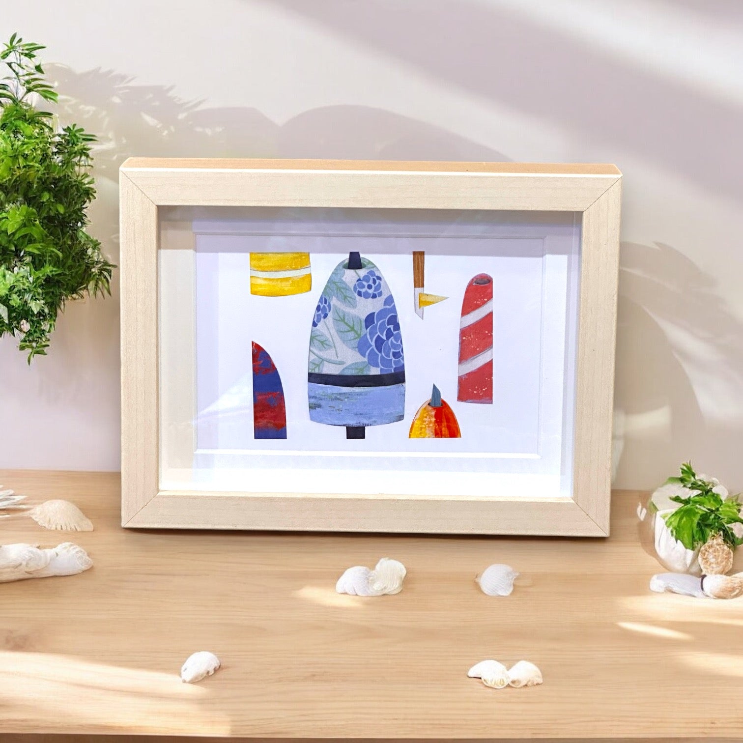 Blue Floral Buoys Natural Blonde Shadowbox Framed Print by Keith MacLelland - 6 x 8-in - Mellow Monkey