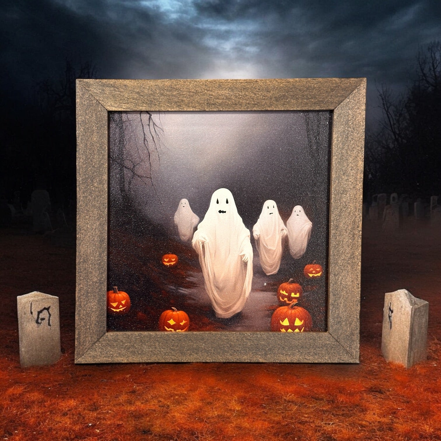 Ghosts Walking By Pumpkins - Framed Print - 7-in - Mellow Monkey