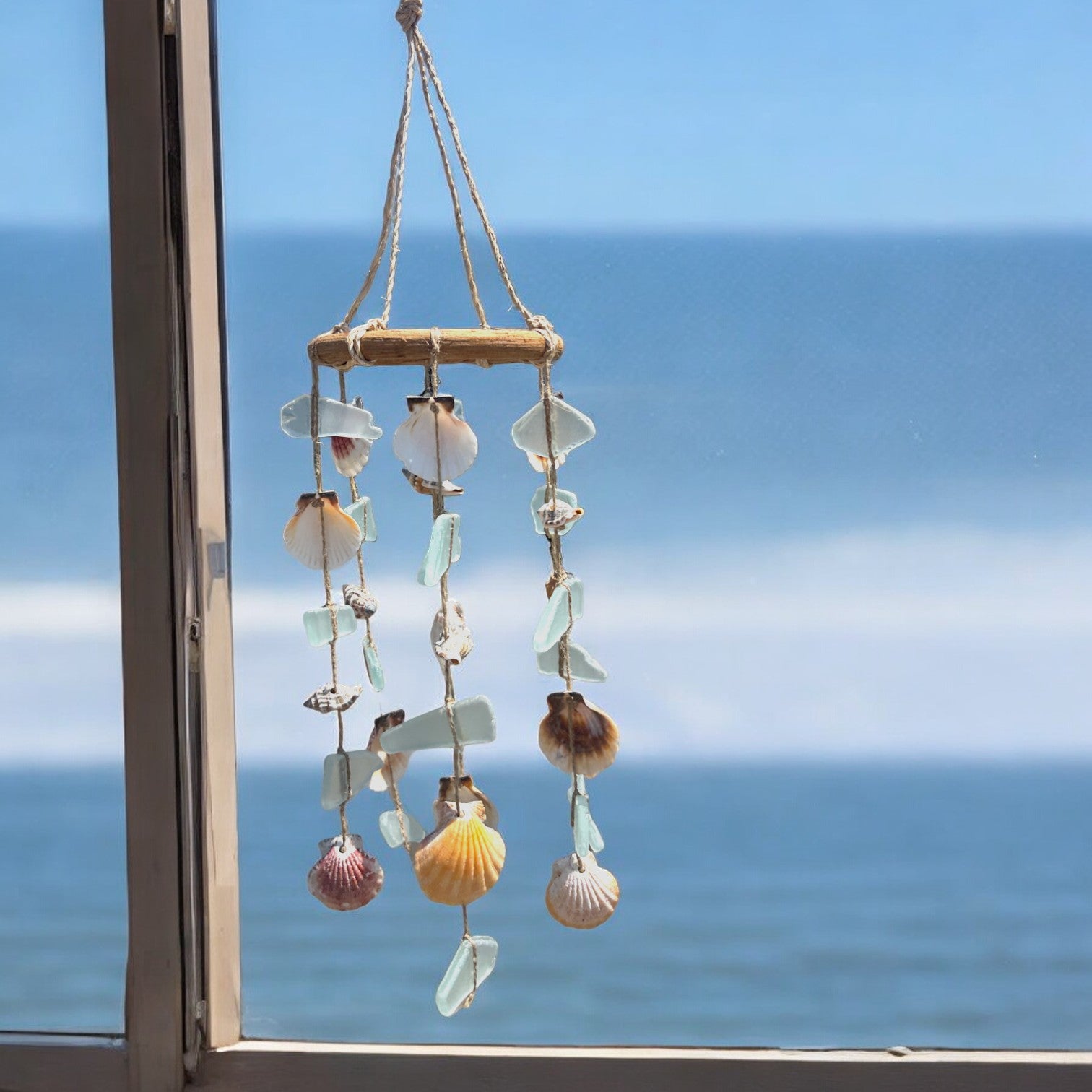 Sea Glass and Sea Shells Round Driftwood Mobile - 12-in - Mellow Monkey