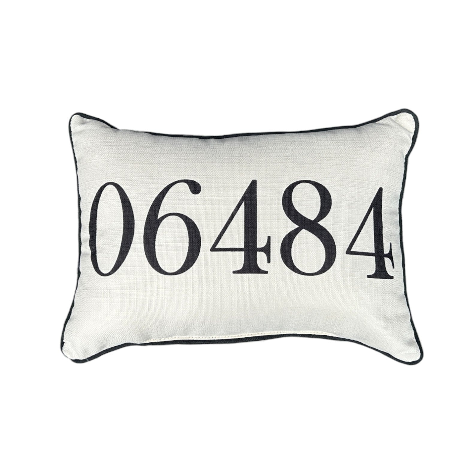 Zip Code Throw Pillow Black Text with Black Piping - 06484 (Shelton, Connecticut) - 19-in - Mellow Monkey