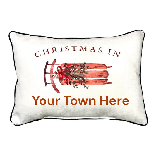 CUSTOM Christmas In (Your City/Town) - Sled Print Throw Pillow with Evergreen Piping - 19-inch - Mellow Monkey