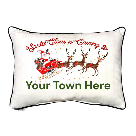 CUSTOM Santa Claus Is Coming To (Your Town/City)- Throw Pillow with Evergreen Piping - 19-inch - Mellow Monkey