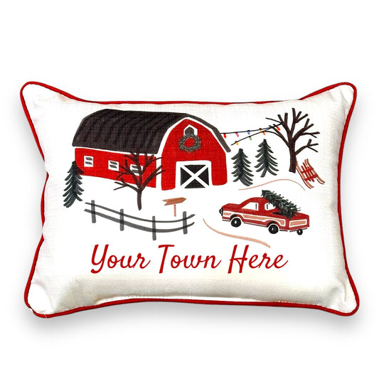 CUSTOM Winter Red Barn Throw Pillow with Ski Red Piping - 19-inch - Mellow Monkey