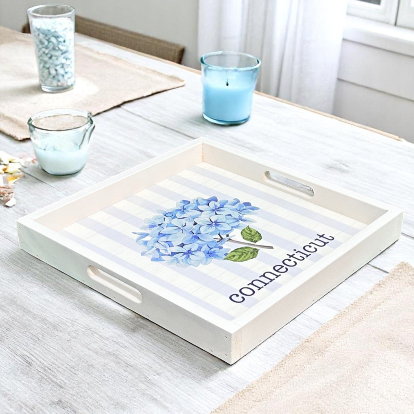Connecticut - Endless Summer Hydrangea Wooden Serving Tray - 17-in Square - Mellow Monkey
