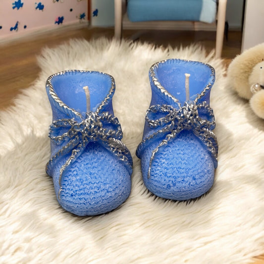 Infant Baby Bootie Scented Candles - One Pair - Blue with Silver Trim - 2-3/4-in