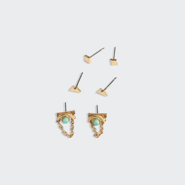 Stud Trio Ear Jacket Set - Leaf/Rose Quartz/Gold - Mellow Monkey