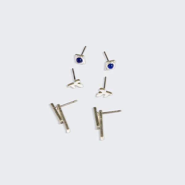 Stud Trio Ear Jacket Set - Leaf/Lapis/Silver - Mellow Monkey