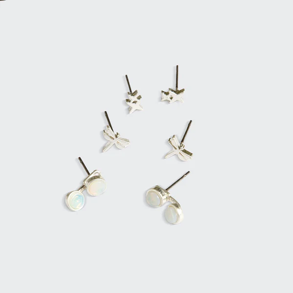 Stud Trio Ear Jacket Set - Dragonfly/Opalite/Silver - Mellow Monkey