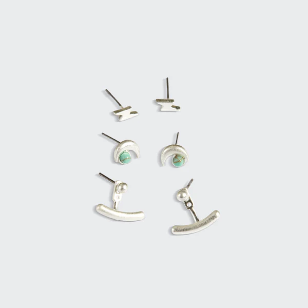 Stud Trio Ear Jacket Set - Moon/Turquoise/Silver - Mellow Monkey