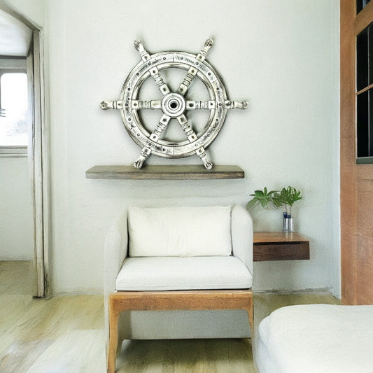 Vintage Distressed Wooden Ship's Wheel - White - 24-in