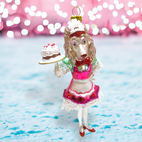 Ms. Dog Waitress with Cake - December Diamonds Holiday Ornament - Mellow Monkey