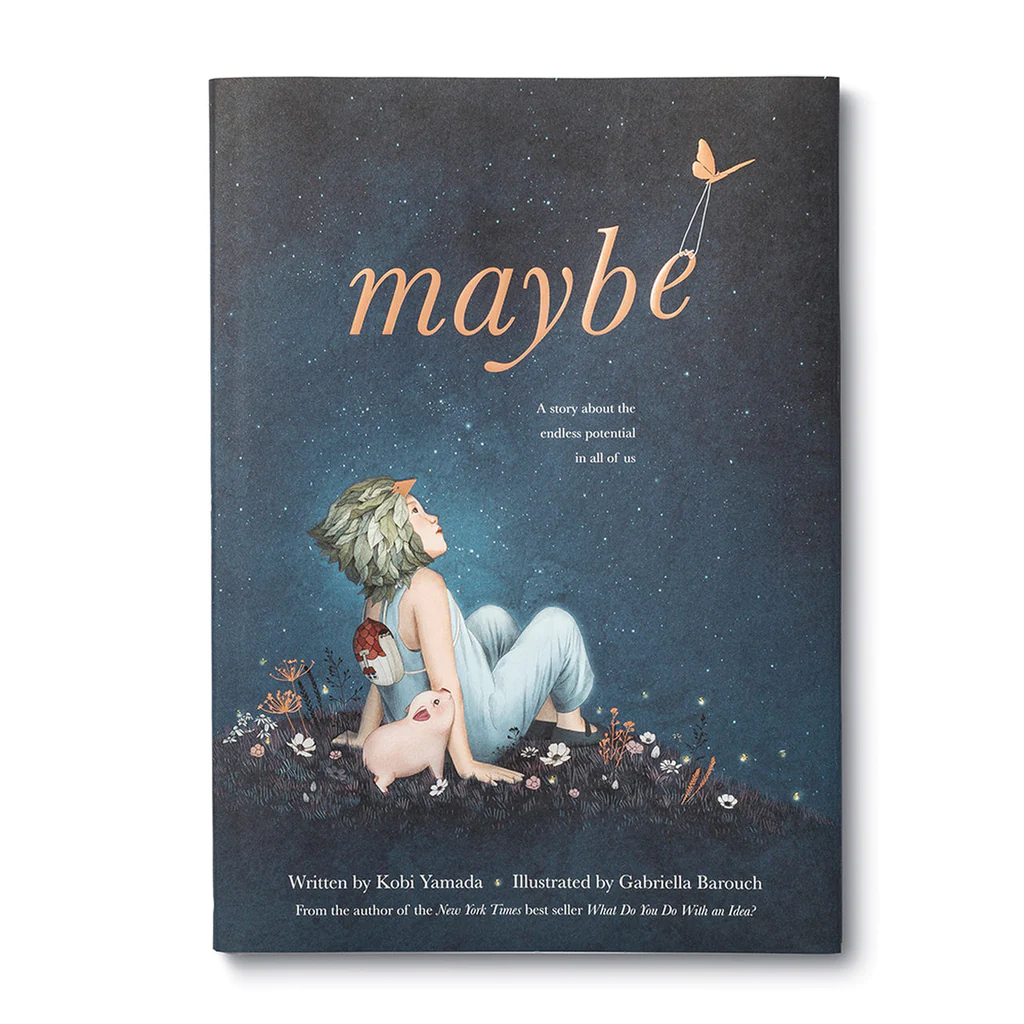 book entitled "maybe" with a girl and a small pig looking up into the sky