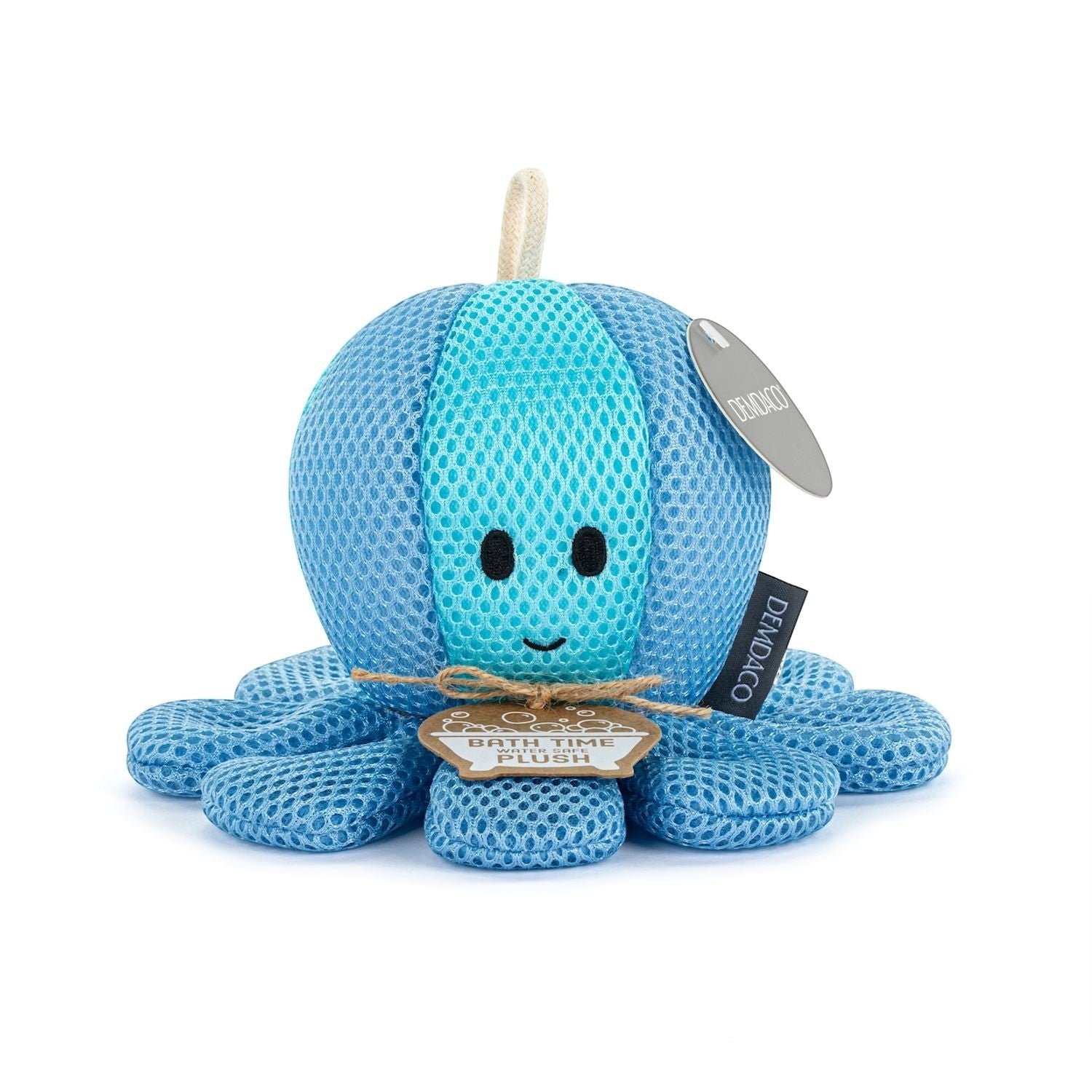 Mellow Monkey blue octopus bath time plush toy with a loop for drying. Made of polyester fiberfill stuffing and polystyrene foam.