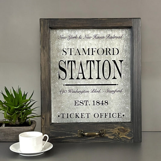 Stamford Station Framed Ticket Office Window - 18-in - Mellow Monkey