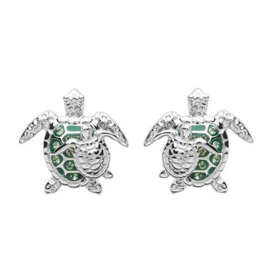 Green Mother & Baby Turtle Earrings With Crystals