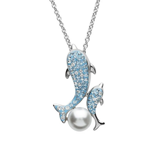 Mother Baby Dolphin Pearl Necklace With Crystals