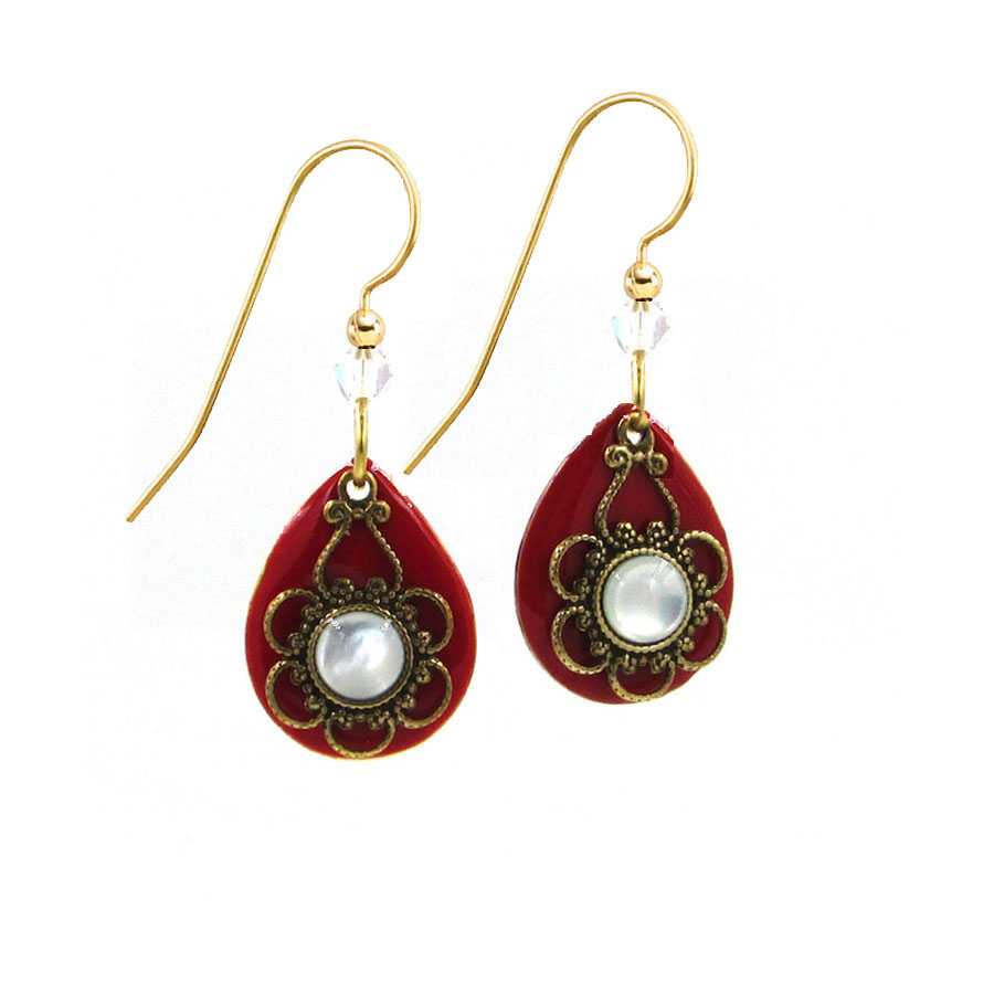 Silver Forest Red Tear and Filigree with Mother of Pearl Earrings - Mellow Monkey