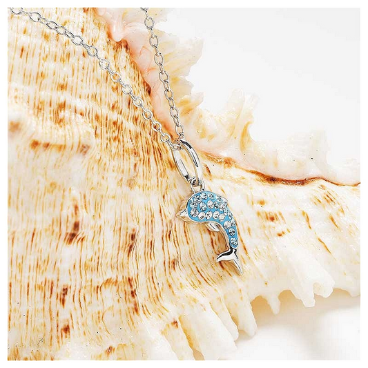 Sterling Silver Aqua Crystal Dolphin Mini Necklace - Mellow Monkey
