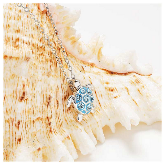 Sterling Silver Aqua Crystal Turtle Mini Necklace - Mellow Monkey