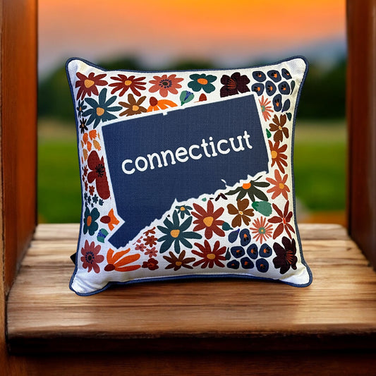 Connecticut - Fall Floral Square Pillow with Laurel Piping - 16-in - Mellow Monkey