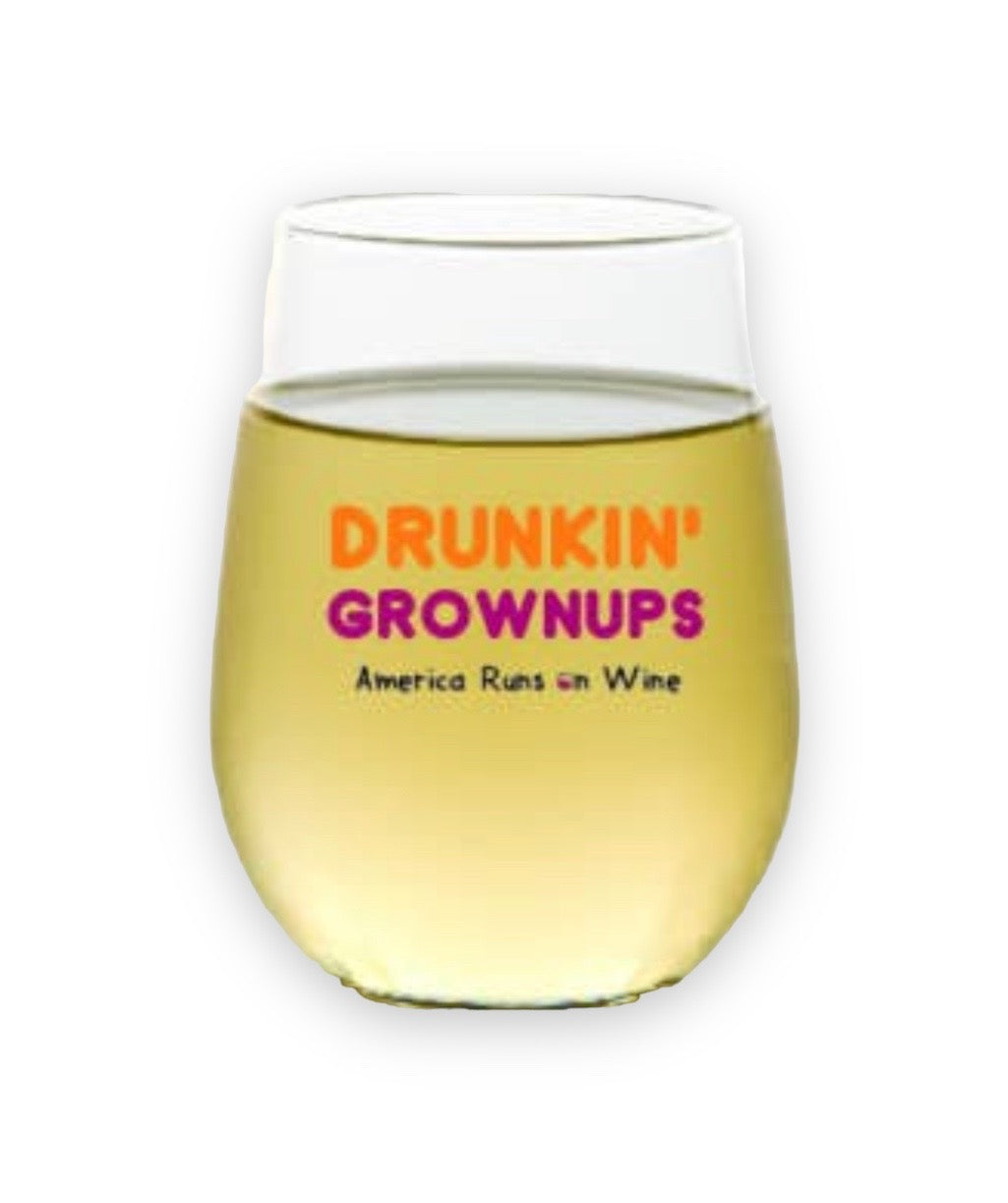 Drunkin' Grownups (America Runs On Wine) - Shatterproof Stemless Wine Glass - 2-pk - Mellow Monkey