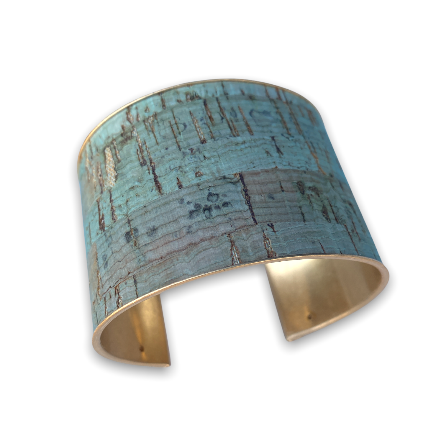 Brass Metal and Mint Cork Inlay Cuff Bracelet with Gold Accents - 1-3/4-in - Mellow Monkey